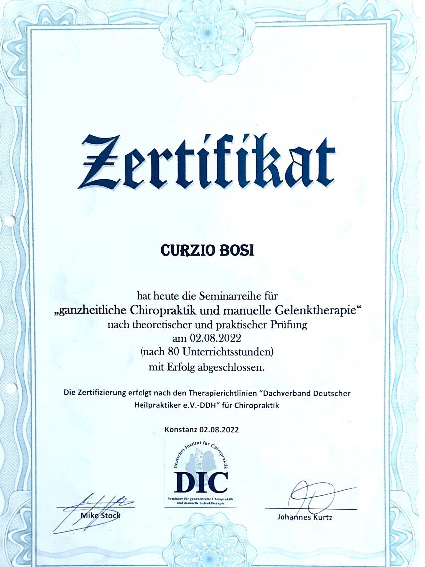 Zertifikat des Dachverband Deutscher Heilpraktiker e.V.-DDH für Chiropraktik ausgestellt an Curzio Bosi